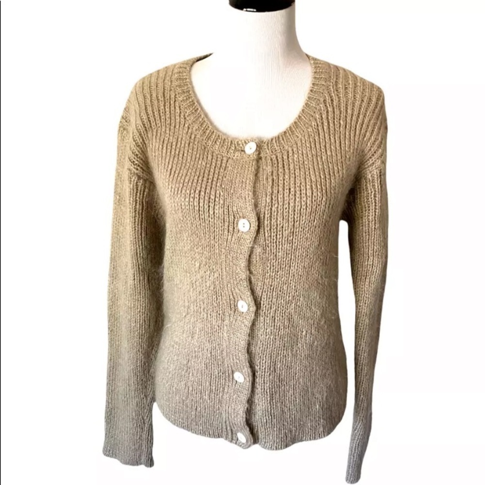 Vintage R.E.A.L Sz Small Cardigan Sweater Chunky Knit Button Mohair Wool Tan EUC